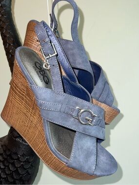 GBG Los Angeles Blue Suede Crisscross Wedge Sandals